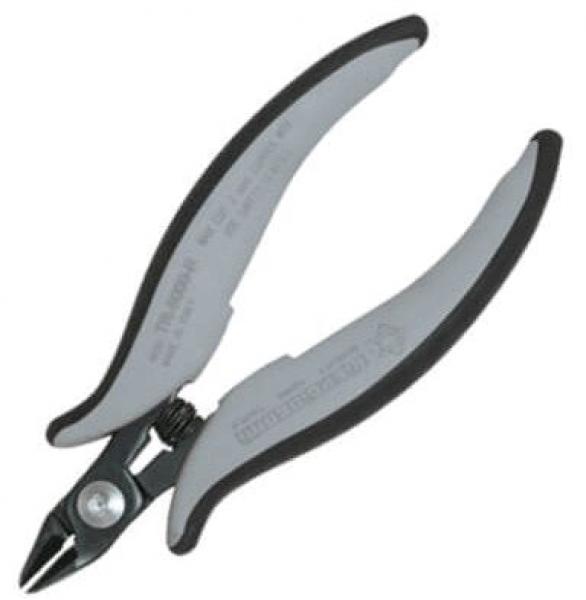 The image shows a pair of pliers with ergonomic, gray handles and a narrow, pointed cutting edge. It features a mechanical spring mechanism for easy gripping and cutting.