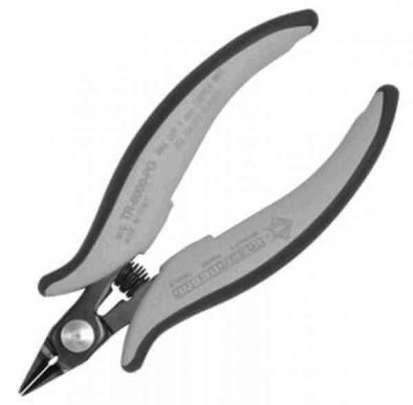 The image shows a narrow pair of pliers with ergonomic handles. The handles are gray and black, while the tips are metallically shiny. It is used for cutting or gripping small objects.