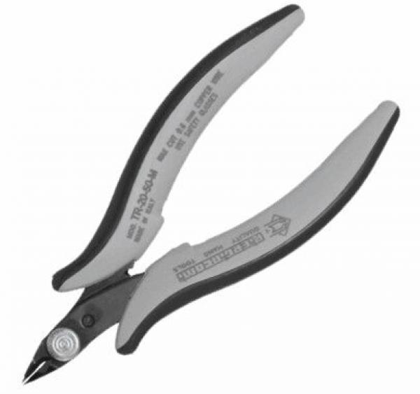 The image shows a pair of pliers with gray, ergonomic handles and a sharp, curved blade. The pliers have a compact shape and are designed for precise cutting.