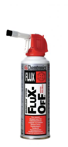 The image shows a spray can with a red cap and a long spray head. On the can, it reads "FLUX-OFF" in black and red letters, surrounded by technical information.