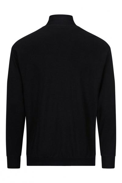 Das Bild zeigt die Rückansicht eines schwarzen Sweatshirts. Es hat einen kurzen Kragen, lange Ärmel und einen sportlichen Schnitt. Der Stoff wirkt weich und bequem.