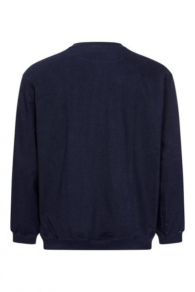 The image shows a dark blue, long-sleeved sweater. It has a round neckline and elastic cuffs on the sleeves as well as at the hem. The back is plain and without any pattern.