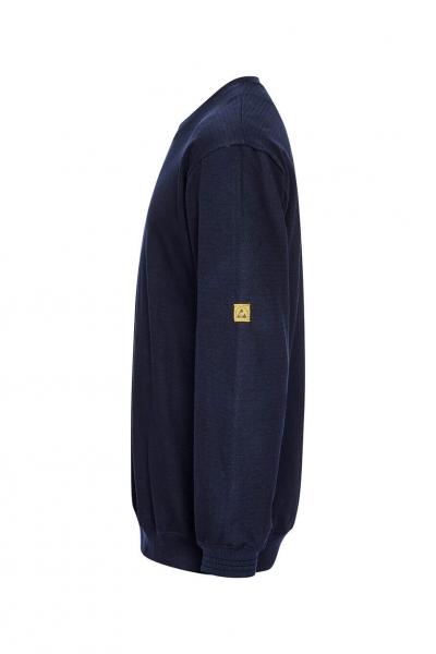 The image shows a dark blue sweatshirt in a side view. It has long sleeves and a round neckline. There is a yellow logo emblem on one sleeve.