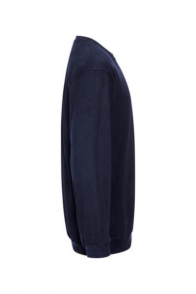 The image shows a dark blue sweater in a side view. It has long sleeves and a round neckline. The fabric appears soft and comfortable. The overall length is medium.