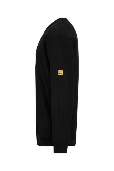 The picture shows a black long-sleeve shirt from a side view. It has a round neckline and a yellow patch on the left sleeve. The cut is simple and form-fitting.