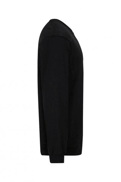 The image displays a black sweatshirt from a side view. It features long sleeves and a round neckline, with a simple, straight cut and elastic cuffs at the sleeves and hem.