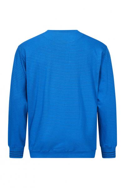 The image shows a blue sweater with long sleeves. The fabric has fine, horizontal stripes. The collar is round and the hem is even. The sweater has a loose fit.