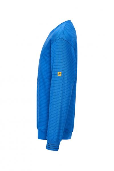 The image shows a blue sweater made from a textured fabric. It features a crew neck, long sleeves, and a yellow logo on the left sleeve.