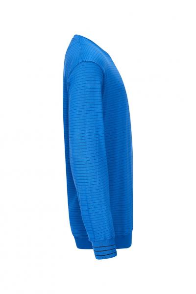 A blue sweater is shown from the side. It has long sleeves and a fine texture with horizontal lines. The hem is plain and the collar is round.