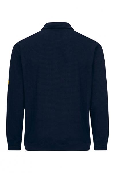 The image shows a dark blue polo shirt. It has long sleeves, a classic collar, and is plain in design. There is a small, yellow emblem on one sleeve.