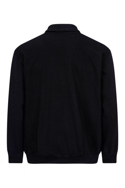 The image shows the rear view of a black polo shirt with a collar and long sleeves. It has a simple, classic cut without any conspicuous details.