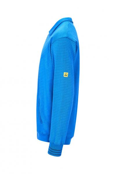 The image shows a blue sweater made of striped fabric, with a stand-up collar and a small yellow logo on one sleeve. The sweater is pictured from the side.