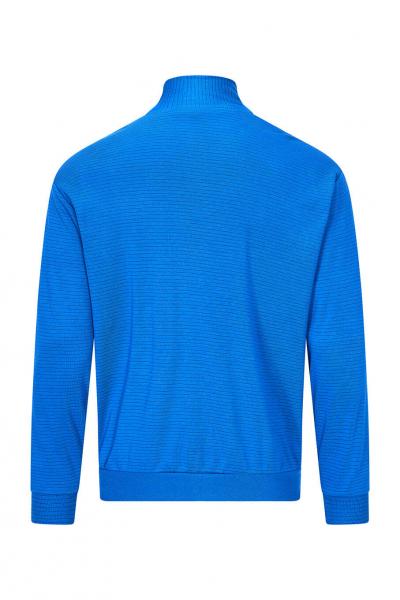 Das Bild zeigt einen blauen Pullover mit Stehkragen, der aus einem strukturierten Material besteht. Die Rückansicht zeigt lange Ärmel und einen schlichten, modernen Schnitt.