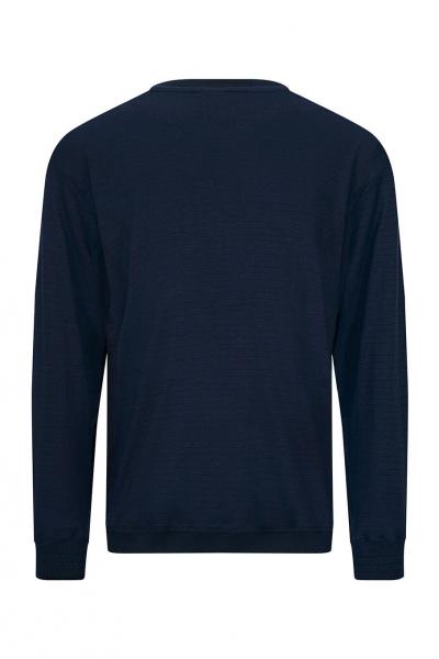 The image shows the rear view of a dark blue sweatshirt. It has long sleeves, a round neckline, and a smooth surface. The fabric appears soft and cozy.