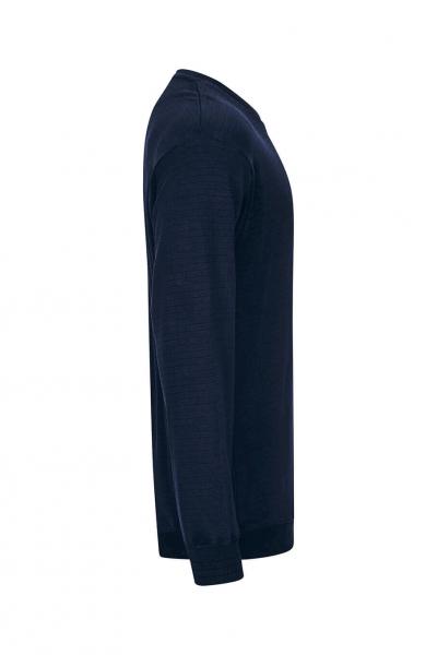 The image shows a long, solid-color, dark blue sweater made from soft material. It features a round neckline and long sleeves that are slightly fitted at the wrists.