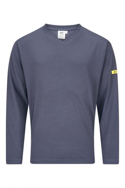 The image shows a long-sleeved, navy blue T-shirt with fine horizontal stripes. It has a V-neck, and there is a yellow label on one sleeve.