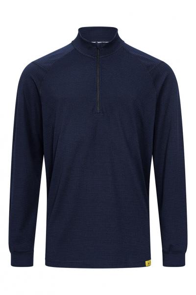 Das Bild zeigt ein langärmliges, navyblaues Oberteil mit einem Stehkragen und einem kurzen Reißverschluss in der Mitte. Es hat einen schlichten, sportlichen Schnitt.