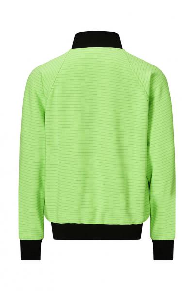 The image shows a green jacket with a textured pattern. It has a black collar and black cuffs on the sleeves and hem. The back view is visible.