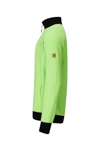 The image shows a light green, striped sweater with a black collar and cuffs. There is a small logo on the left side. The sweater is pictured from the side.