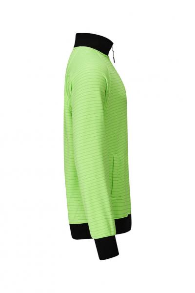 The image displays a bright green sweatshirt with a high, black collar. The sleeves are also black, and there is a side pocket. The cut is sporty and modern.
