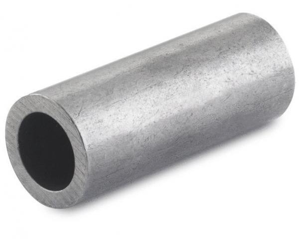 The image shows a gray, cylindrical metal tube. It has a smooth surface, an open edge on both ends, and is hollow inside. The material appears sturdy and industrial.