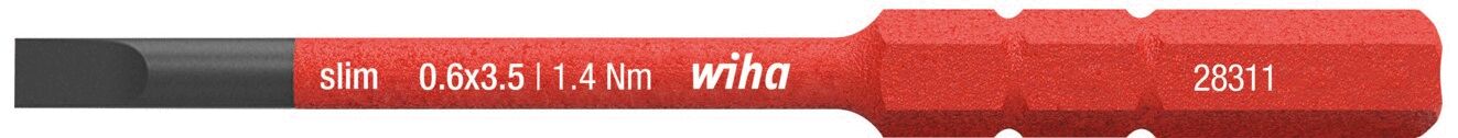 The image displays a narrow screwdriver with a red handle and a black blade. Details about the size and torque of the tool are printed on the handle.