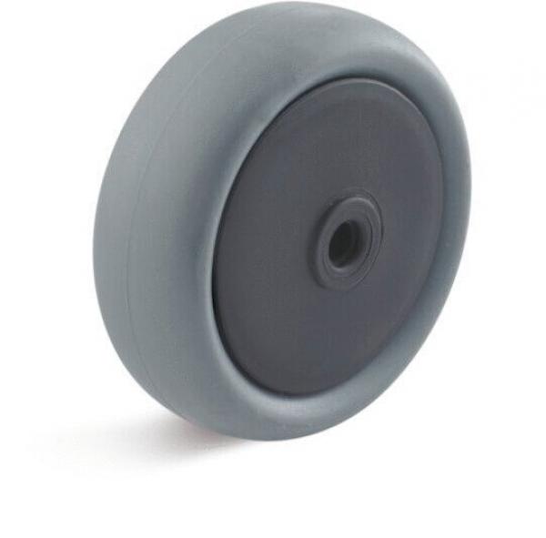 The image shows a single wheel. It has a gray, round outer ring made of rubber and a flat, black central axle. It appears sturdy and is suitable for use on hard surfaces.