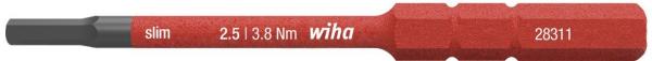 The image displays a narrow screwdriver attachment in red. It has a gray head and an engraved label with technical details and the brand name "wiha".