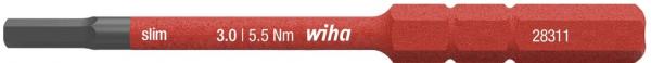 The image displays a red bit set from Wiha. It features a slim shape with a gray tip. Measurements and the brand are printed in white font on the red surface.