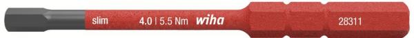 Das Bild zeigt einen schmalen Schraubendreher-Aufsatz in Rot und Schwarz. Er hat eine glatte Oberfläche, mit eingeprägten Werten: "4.0" und "5.5 Nm", sowie dem Schriftzug "wiha".
