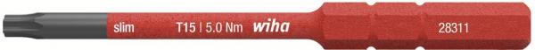 The image shows a slim screwdriver with a red handle and a metallic tip. On the handle, it reads "wiha" along with technical specifications for the screw.