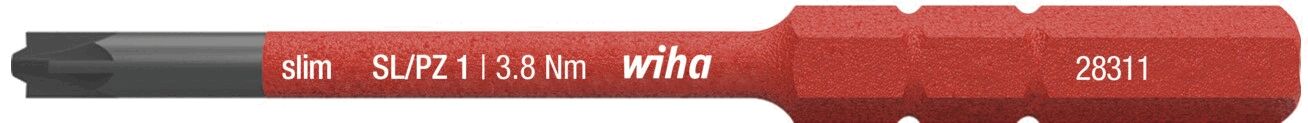 Auf dem Bild ist ein roter Schraubendreher-Bit zu sehen. Er hat eine flache Spitze und trägt die Aufschrift "wiha" sowie weitere technische Angaben. Der Bit ist schlank und hat einen hexagonalen Schaft.