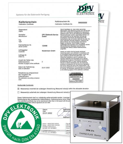 The image displays a calibration certificate in German with details about the manufacturer and the device. Next to it, there is a device with a display, surrounded by a green logo.
