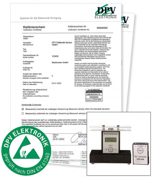 The image displays a calibration certificate document with the logo of DPV Elektronik. Below it, a measuring device and a display are depicted. The date of the certificate is January 23, 2022.
