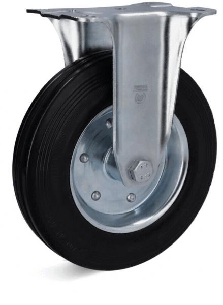 The image displays a single wheel with a wide, black rubber surface. It is attached to a silver metal frame that appears sturdy and includes a bracket.