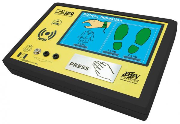 The image shows a yellow-black touchscreen device with an RFID symbol and a palm pressing a button. There are two graphic representations of clothing and shoes.