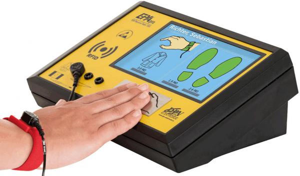 The image shows an interactive device with a touchscreen. A hand is resting on the device. On the screen, there are icons for clothing and shoes that display information.