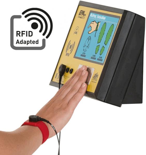 The image shows a control device with a screen displaying information. Below it is a hand pointing to the screen. A red bracelet is on the wrist.