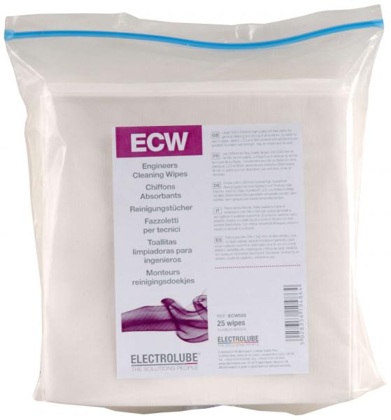 The image shows a transparent packaging with a zipper. Inside, there are cleaning wipes. The front reads "ECW Engineers Cleaning Wipes" and includes multilingual instructions.