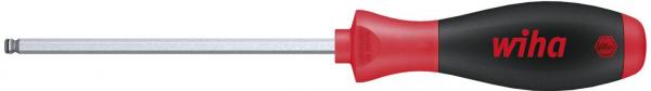 The image shows a screwdriver with a long, slender, silver steel shaft. The handle is red and black, with the "wiha" logo in red. The tip is pointed for precise screwing.