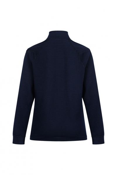 The image displays a dark blue sweater with a high collar and long sleeves. The back view is visible, and the fabric has a textured surface.