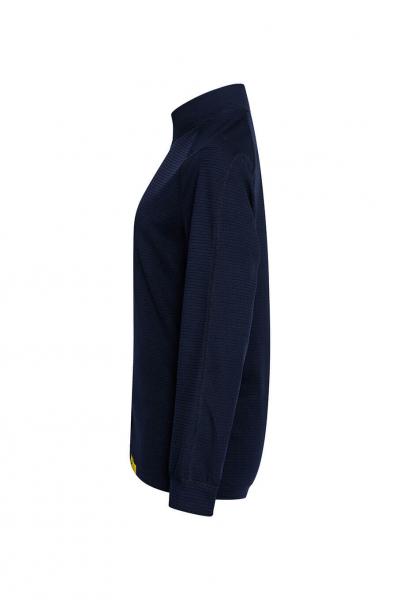 The image shows a dark, long-sleeved top in a side view. The collar is high-necked and the sleeves are long. It has a simple, straight shape.