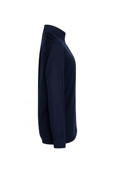 The image displays a dark blue sweater with a high collar. It features long sleeves and a straight fit, presented on the left side. The textile material is soft and comfortable.