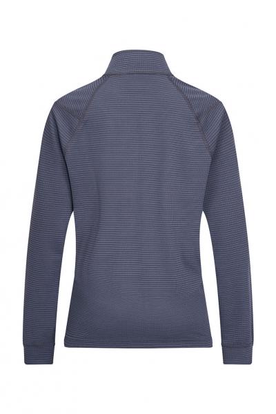 Das Bild zeigt einen dunkelblauen Pullover mit langem Arm und Stehkragen. Er hat feine, horizontale Streifen und eine schlichte, sportliche Form. Der Rücken ist sichtbar.