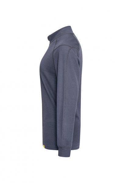 Das Bild zeigt ein langärmliges, dunkelblaues Oberteil aus einem fein strukturierten Material. Der Kragen ist Stehkragenform und das Shirt hat einen schlichten, modernen Schnitt.