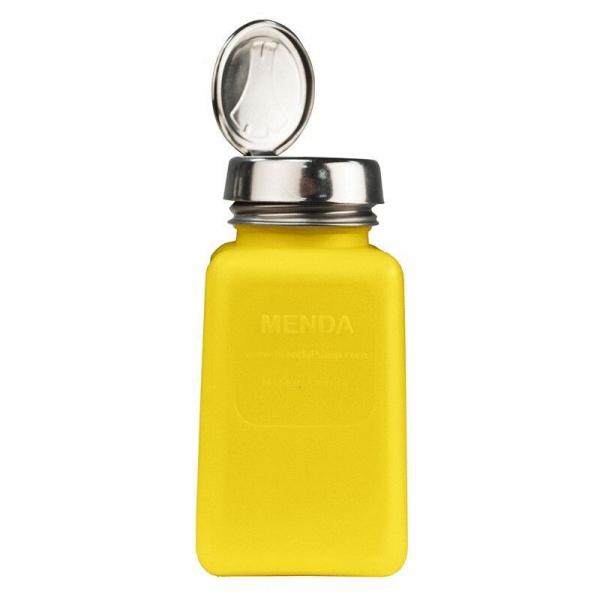Das Bild zeigt eine gelbe Flasche mit einem metallischen Schraubverschluss. Der Deckel ist geöffnet und zeigt eine runde, direkte Öffnung. Die Flasche hat eine matte Oberfläche.