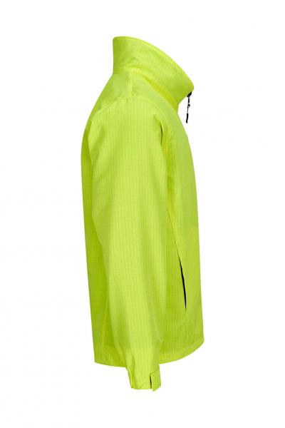 The image shows a bright yellow rain jacket with a stand-up collar. It has a zipper and a simple, close-fitting shape. One side features a lateral opening.