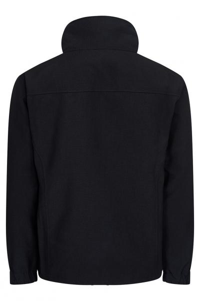 The image shows the rear view of a black jacket. It features a high collar and long sleeves. The fabric appears smooth and inconspicuous, without any patterns or special details.