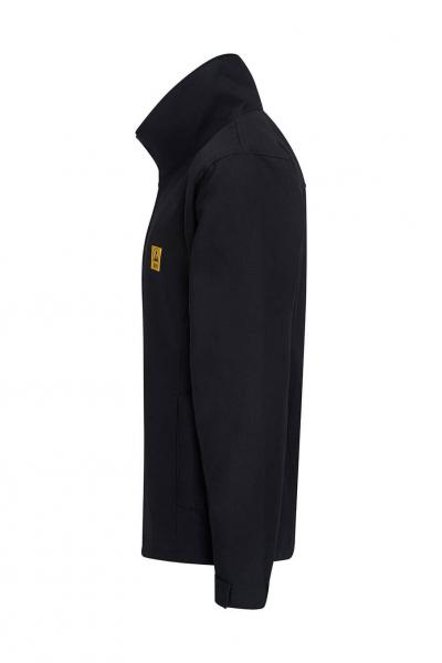 The image shows a black sweater with a high collar. It has long sleeves and a simple shape. There is a yellow logo on the left chest side.