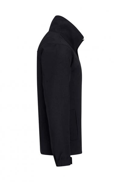 The image shows a black jacket in profile. It has a high collar and a simple, straight shape. There are no conspicuous patterns or embellishments.